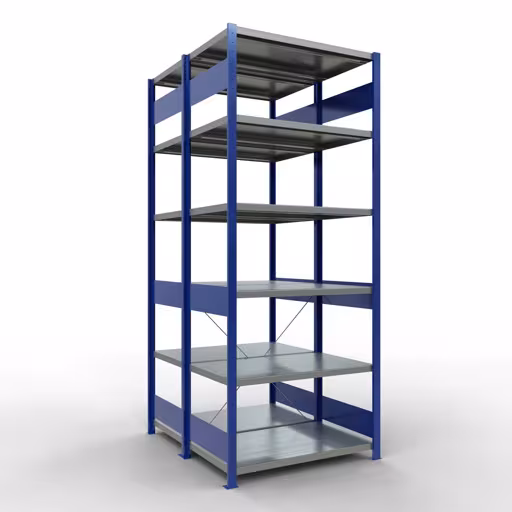 Grundregal, Doppelregal, Fachbodenregal Stecksystem MULTIplus250, 2500 x 1000 x (2x600) mm (HxBxT), 2x6 Fachböden, Kreuzstrebe, RAL 5010 enzianblau aus der Kategorie Doppelregale mit der Artikelnummer 32161-G-B