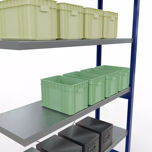 Zusatzbild des Artikels Anbauregal, Fachbodenregal Stecksystem MULTIplus250, 2500 x 1300 x 400 mm (HxBxT), 6 Fachböden, Kreuzstrebe, RAL 5010 enzianblau/verzinkt aus Anbauregal