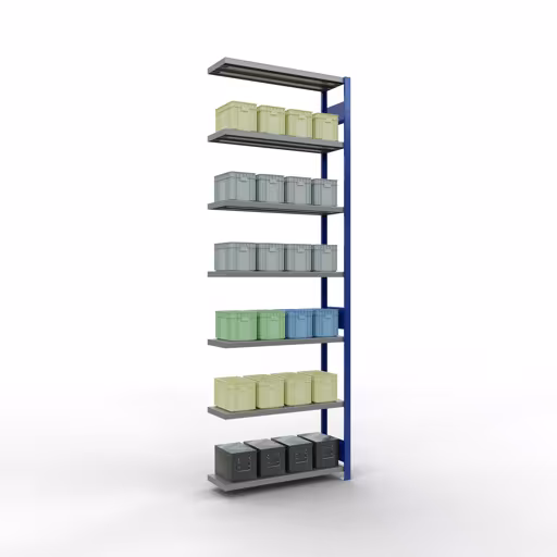Abbildung Nr 14 des Artikels Anbauregal, Fachbodenregal Stecksystem MULTIplus330, 3000 x 1000 x 300 mm (HxBxT), 7 Fachböden, Längenriegel, RAL 5010 enzianblau/verzinkt aus der Produktgruppe Stecksystem von der Marke Schulte Lagertechnik