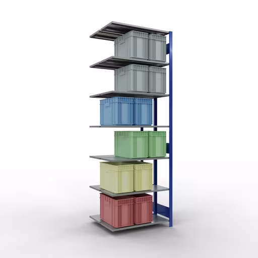 Produktbild Nr.15 des Artikels Anbauregal, Doppelregal, Fachbodenregal Stecksystem MULTIplus150, 3000 x 1000 x (2x400) mm (HxBxT), 2x7 Fachböden, Längenriegel, RAL 5010 enzianblau aus der Produktreihe Fachbodenregale von der Marke Schulte Lagertechnik