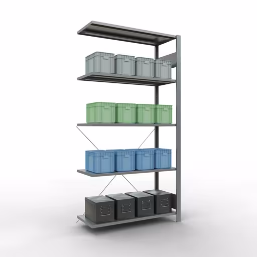 Anbauregal, Eckregal (Feld C) 2000 x 1000 x 400, 5 Fachböden, Kreuzstrebe, verzinkt mit der GTIN 4004514241184 Anbauregal, Eckregal (Feld C) 2000 x 1000 x 400, 5 Fachböden, Kreuzstrebe, verzinkt von Schulte Lagertechnik mit der Artikelnr. 12745-ECK