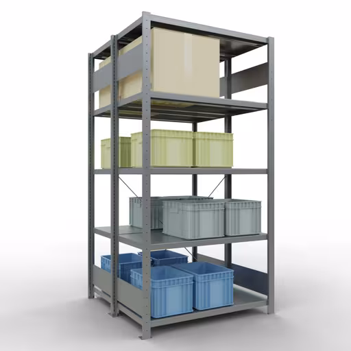 Zusatzbild des Artikels Grundregal, Doppelregal, Fachbodenregal Stecksystem MULTIplus250, 2000 x 1000 x (2x500) mm (HxBxT), 2x5 Fachböden, Kreuzstrebe, verzinkt aus Doppelregale