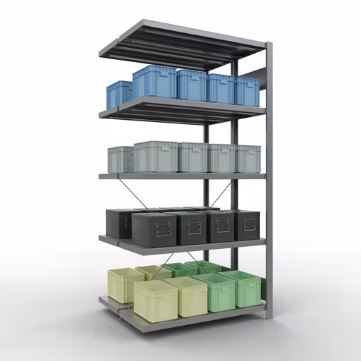 Anbauregal, Doppelregal, Fachbodenregal Stecksystem MULTIplus250, 2000 x 1000 x (2x400) mm (HxBxT), 2x5 Fachböden, Kreuzstrebe, verzinkt von Schulte Lagertechnik mit der Artikelnr. 14245-A