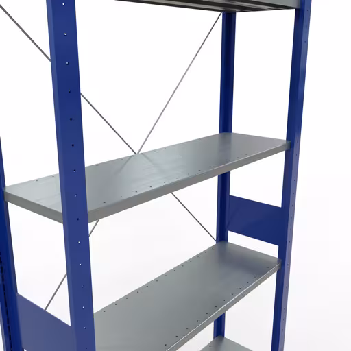 Andere Ansicht des Artikels Grundregal, Fachbodenregal Stecksystem MULTIplus150, 3000 x 1000 x 300 mm (HxBxT), 7 Fachböden, Kreuzstrebe, RAL 5010/verzinkt aus der Kategorie Stecksystem