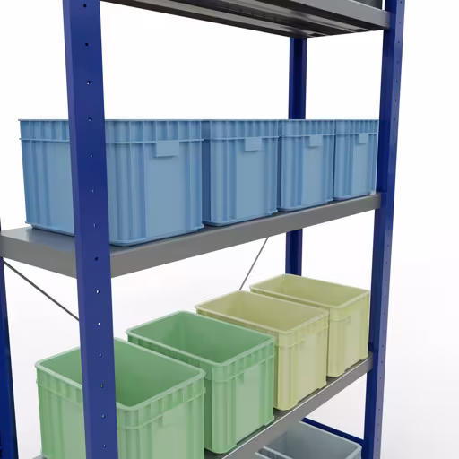 Produktbild Nr.8 des Artikels Grundregal, Fachbodenregal Stecksystem MULTIplus250, 2000 x 1000 x 300 mm (HxBxT), 5 Fachböden, Kreuzstrebe, RAL 5010 enzianblau/verzinkt aus der Produktreihe Stecksystem von der Marke Schulte Lagertechnik