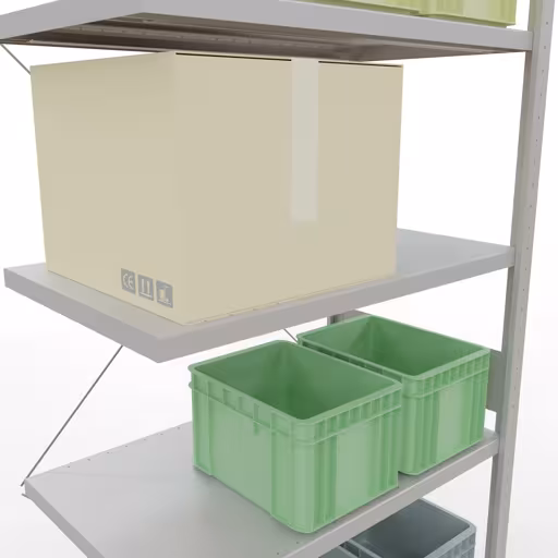 Abbildung Nr 14 des Artikels Anbauregal, Fachbodenregal Stecksystem MULTIplus330, 3000 x 1000 x 600 mm (HxBxT), 7 Fachböden, Kreuzstrebe, RAL 7035 lichtgrau aus der Produktgruppe Stecksystem von der Marke Schulte Lagertechnik