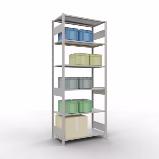 Grundregal, Fachbodenregal Stecksystem MULTIplus85, 2500 x 1000 x 500 mm (HxBxT), 6 Fachböden, Längenriegel, RAL 7035 lichtgrau von Schulte Lagertechnik mit der Artikelnr. 33051-LR