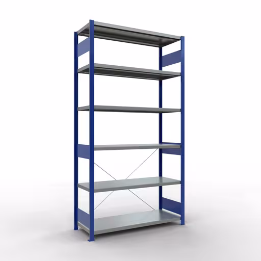 Grundregal, Fachbodenregal Stecksystem MULTIplus250, 2500 x 1300 x 500 mm (HxBxT), 6 Fachböden, Kreuzstrebe, RAL 5010 enzianblau/verzinkt aus der Kategorie Grundregal mit der Artikelnummer 12951-130-B