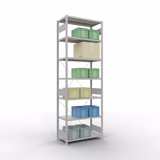 Grundregal, Fachbodenregal Stecksystem MULTIplus250, 3000 x 1000 x 500 mm (HxBxT), 7 Fachböden, Kreuzstrebe, RAL 7035 lichtgrau von Schulte Lagertechnik aus der Kategorie Stecksystem