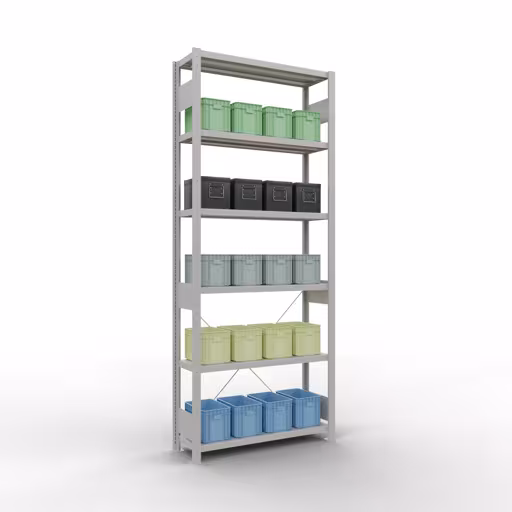 Produktbild Nr 13 des Artikels Grundregal, Fachbodenregal Stecksystem MULTIplus330, 2500 x 1000 x 300 mm (HxBxT), 6 Fachböden, Kreuzstrebe, RAL 7035 lichtgrau Abbildung Nr 13 des Artikels Grundregal, Fachbodenregal Stecksystem MULTIplus330, 2500 x 1000 x 300 mm (HxBxT), 6 Fachböden, Kreuzstrebe, RAL 7035 lichtgrau aus der Produktgruppe Stecksystem von der Marke Schulte Lagertechnik