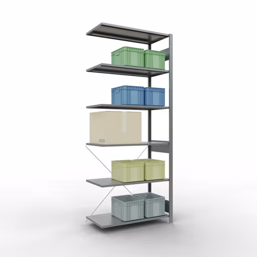 Abbildung Nr 12 des Artikels Anbauregal, Fachbodenregal Stecksystem MULTIplus85, 2500 x 1000 x 500 mm (HxBxT), 6 Fachböden, Kreuzstrebe, verzinkt aus der Produktgruppe Stecksystem von der Marke Schulte Lagertechnik
