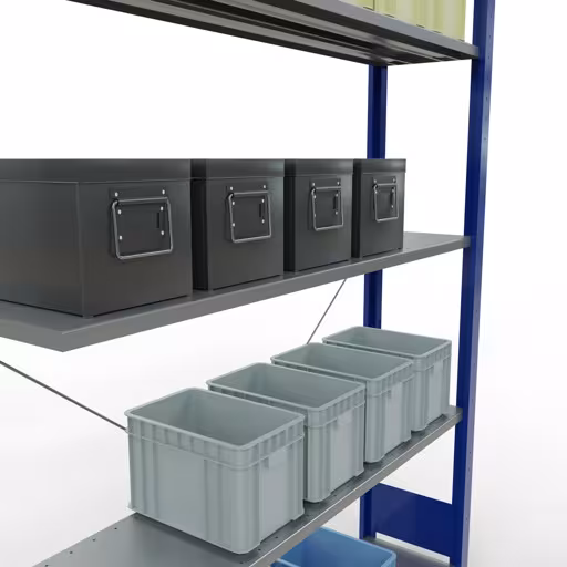 Produktbild Nr.13 des Artikels Anbauregal, Fachbodenregal Stecksystem MULTIplus150, 2000 x 1300 x 300 mm (HxBxT), 5 Fachböden, Kreuzstrebe, RAL 5010 enzianblau/verzinkt aus der Produktreihe Stecksystem von der Marke Schulte Lagertechnik