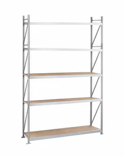 Grundregal, Weitspannregal WS 3000 mit Spanplatten, 3000 x 2500 x 600 mm, verzinkt, 5 Ebenen, Fachlast 500 kg, Feldlast 2.500 kg von der Marke Schulte Lagertechnik aus der Produktreihe Weitspannregale