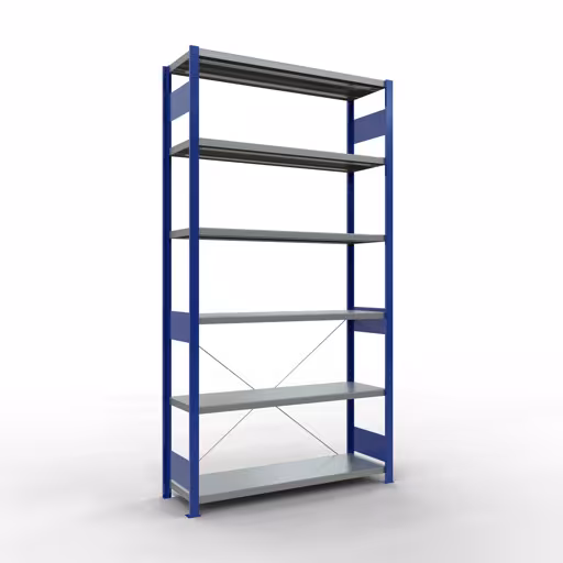 Grundregal, Fachbodenregal Stecksystem MULTIplus250, 2500 x 1300 x 400 mm (HxBxT), 6 Fachböden, Kreuzstrebe, RAL 5010 enzianblau/verzinkt aus der Kategorie Grundregal mit der Artikelnummer 12941-130-B