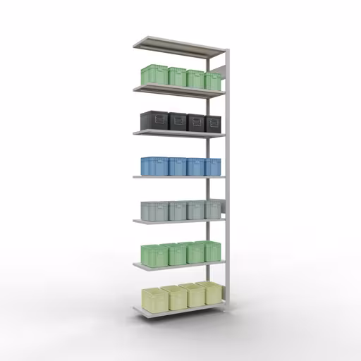 Anbauregal, Fachbodenregal Stecksystem MULTIplus150, 3000 x 1000 x 400 mm (HxBxT), 7 Fachböden, Längenriegel, RAL 7035 lichtgrau von Schulte Lagertechnik mit der Artikelnr. 32647-LR