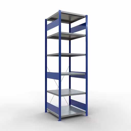 Grundregal, Fachbodenregal Stecksystem MULTIplus250, 2500 x 750 x 800 mm (HxBxT), 6 Fachböden, Kreuzstrebe, RAL 5010 enzianblau/verzinkt/verzinkt aus der Kategorie Grundregal mit der Artikelnummer 12981-75-B