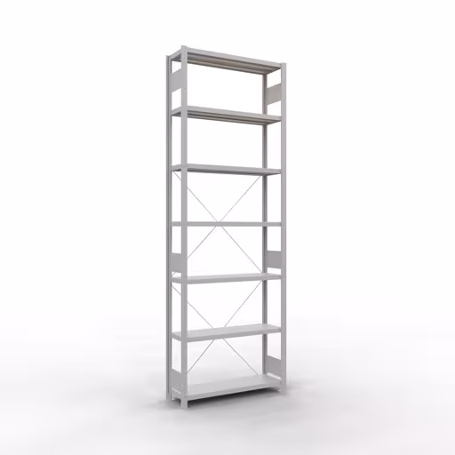 Grundregal, Fachbodenregal Stecksystem MULTIplus330, 3000 x 1000 x 300 mm (HxBxT), 7 Fachböden, Kreuzstrebe, RAL 7035 lichtgrau aus der Kategorie Grundregal mit der Artikelnummer 33832
