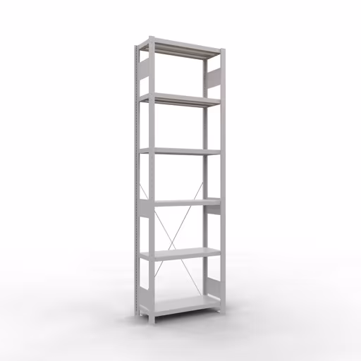 Grundregal, Fachbodenregal Stecksystem MULTIplus250, 2500 x 750 x 300 mm (HxBxT), 6 Fachböden, Kreuzstrebe, RAL 7035 lichtgrau aus der Kategorie Grundregal mit der Artikelnummer 32831-75