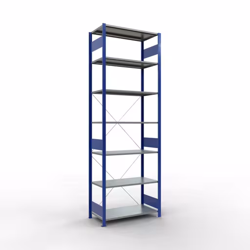 Grundregal, Fachbodenregal Stecksystem MULTIplus150, 3000 x 1000 x 500 mm (HxBxT), 7 Fachböden, Kreuzstrebe, RAL 5010/verzinkt aus der Kategorie Grundregal mit der Artikelnummer 12752-B