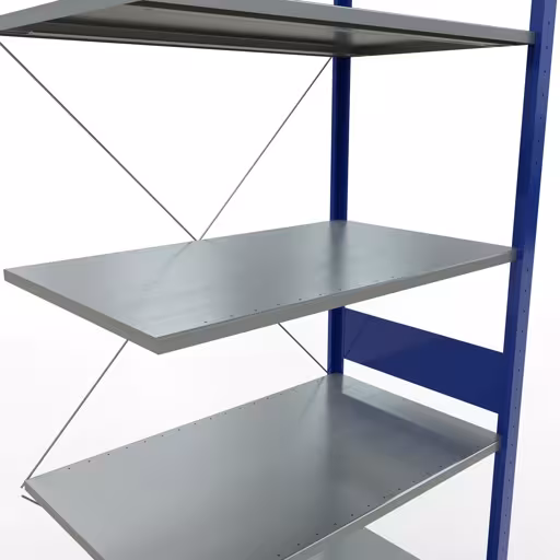Anbauregal, Fachbodenregal Stecksystem MULTIplus85, 3000 x 1000 x 600 mm (HxBxT), 7 Fachböden, Kreuzstrebe, RAL 5010 enzianblau von Schulte Lagertechnik mit der Artikelnr. 13167-B