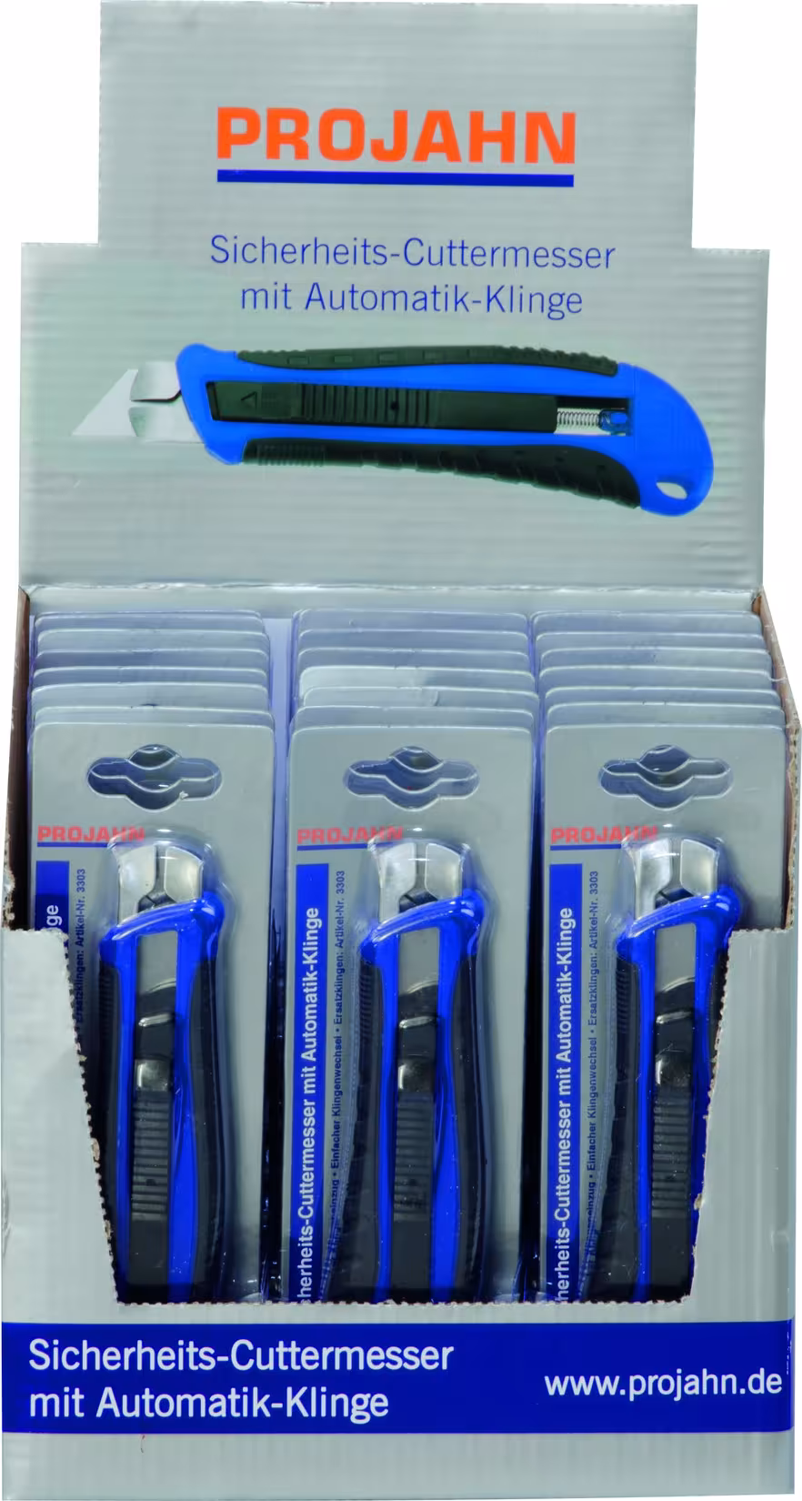 Display mit 24 x 3312 Sicherheits-Cuttermesser mit Trapezklinge aus der Kategorie Schneiden, Reinigen, Schaben mit der GTIN 4000146331224 Sicherheits-Cuttermesser mit Automatik-Klinge von der Marke PROJAHN aus der Kategorie Schneiden, Reinigen, Schaben