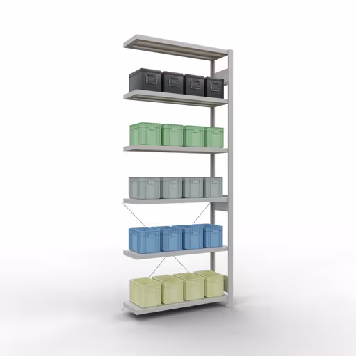 Abbildung Nr 13 des Artikels Anbauregal, Fachbodenregal Stecksystem MULTIplus330, 2500 x 1000 x 300 mm (HxBxT), 6 Fachböden, Kreuzstrebe, RAL 7035 lichtgrau aus der Produktgruppe Stecksystem von der Marke Schulte Lagertechnik