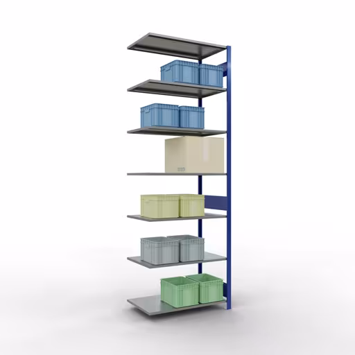 Andere Ansicht des Artikels Anbauregal, Fachbodenregal Stecksystem MULTIplus150, 3000 x 1000 x 600 mm (HxBxT), 7 Fachböden, Längenriegel, RAL 5010 enzianblau/verzinkt aus der Kategorie Anbauregal