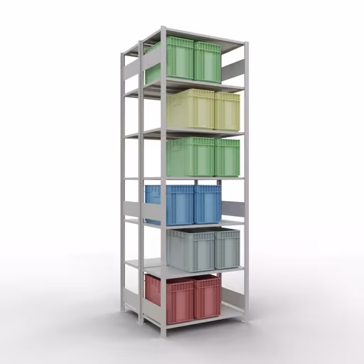 Grundregal, Doppelregal, Fachbodenregal Stecksystem MULTIplus150, 3000 x 1000 x (2x500) mm (HxBxT), 2x7 Fachböden, Längenriegel, RAL 7035 lichtgrau mit der Artikelnr. 33152 Grundregal, Doppelregal, Fachbodenregal Stecksystem MULTIplus150, 3000 x 1000 x (2x500) mm (HxBxT), 2x7 Fachböden, Längenriegel, RAL 7035 lichtgrau von Schulte Lagertechnik aus der Kategorie Fachbodenregale