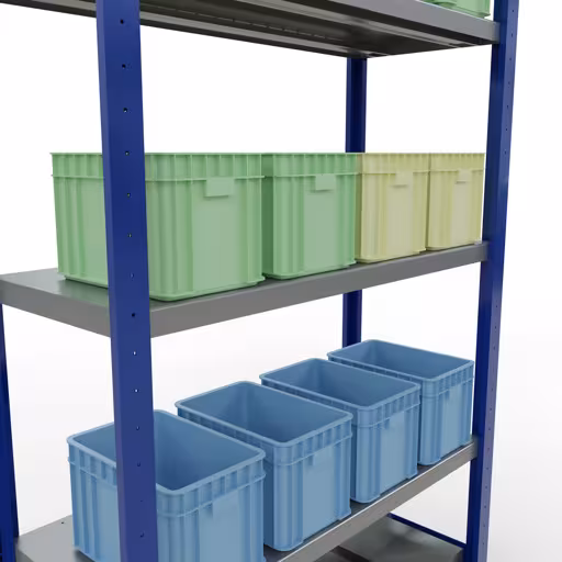 Abbildung Nr 15 des Artikels Grundregal, Fachbodenregal Stecksystem MULTIplus250, 2000 x 1000 x 400 mm (HxBxT), 5 Fachböden, Längenriegel, RAL 5010 enzianblau/verzinkt aus der Produktgruppe Stecksystem von der Marke Schulte Lagertechnik