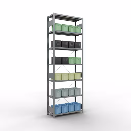 Grundregal, Fachbodenregal Stecksystem MULTIplus250, 3000 x 1000 x 400 mm (HxBxT), 7 Fachböden, Kreuzstrebe, verzinkt von Schulte Lagertechnik aus der Kategorie Stecksystem