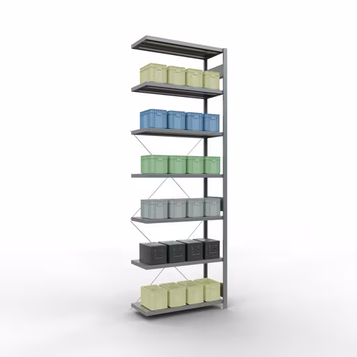 Anbauregal, Fachbodenregal Stecksystem MULTIplus250, 3000 x 1000 x 400 mm (HxBxT), 7 Fachböden, Kreuzstrebe, verzinkt von Schulte Lagertechnik mit der Artikelnr. 12947