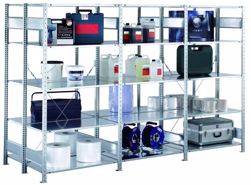 Grundregal, Doppelregal, Fachbodenregal Stecksystem MULTIplus250, 2500 x 1000 x (2x400) mm (HxBxT), 2x6 Fachböden, Kreuzstrebe, RAL 5010 enzianblau von der Marke Schulte Lagertechnik aus der Produktreihe Fachbodenregale