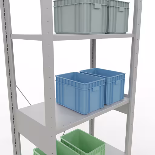 Zusatzbild des Artikels Grundregal, Fachbodenregal Stecksystem MULTIplus150, 2500 x 750 x 400 mm (HxBxT), 6 Fachböden, Kreuzstrebe, RAL 7035 lichtgrau Zusatzbild des Artikels Grundregal, Fachbodenregal Stecksystem MULTIplus150, 2500 x 750 x 400 mm (HxBxT), 6 Fachböden, Kreuzstrebe, RAL 7035 lichtgrau aus Grundregal