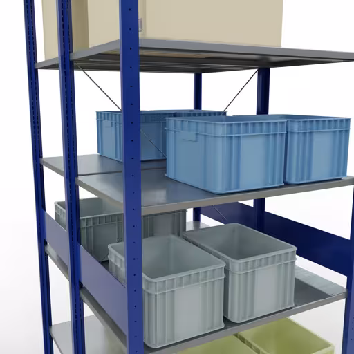 Grundregal, Doppelregal, Fachbodenregal Stecksystem MULTIplus150, 3000 x 1000 x (2x1200) mm (HxBxT), 2x7 Fachböden, Kreuzstrebe, RAL 5010 enzianblau mit der GTIN 4058255035298 Grundregal, Doppelregal, Fachbodenregal Stecksystem MULTIplus150, 3000 x 1000 x (2x1200) mm (HxBxT), 2x7 Fachböden, Kreuzstrebe, RAL 5010 enzianblau von Schulte Lagertechnik mit der Artikelnr. 32762-B