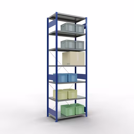 Grundregal, Fachbodenregal Stecksystem MULTIplus250, 3000 x 1000 x 600 mm (HxBxT), 7 Fachböden, Kreuzstrebe, RAL 5010 enzianblau/verzinkt von der Marke Schulte Lagertechnik aus der Produktreihe Stecksystem
