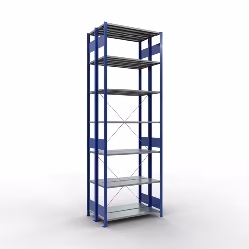 Grundregal, Doppelregal, Fachbodenregal Stecksystem MULTIplus150, 3000 x 1000 x (2x600) mm (HxBxT), 2x7 Fachböden, Kreuzstrebe, RAL 5010 enzianblau aus der Kategorie Doppelregale mit der Artikelnummer 32732-B
