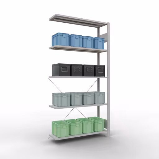 Anbauregal, Fachbodenregal Stecksystem MULTIplus85, 2000 x 1000 x 300 mm (HxBxT), 5 Fachböden, Kreuzstrebe, RAL 7035 lichtgrau von Schulte Lagertechnik mit der Artikelnr. 33035