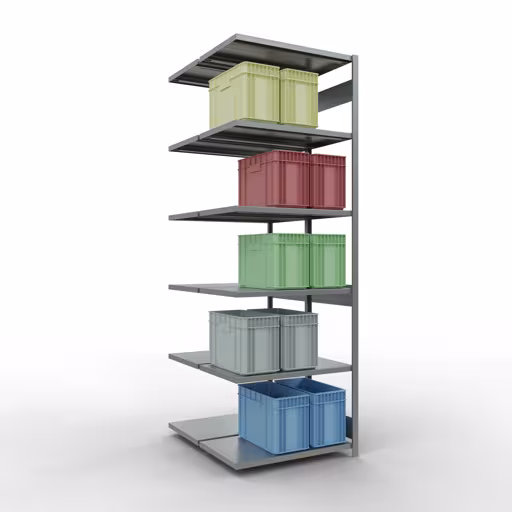 Andere Ansicht des Artikels Anbauregal, Doppelregal, Fachbodenregal Stecksystem MULTIplus250, 3000 x 1000 x (2x600) mm (HxBxT), 2x7 Fachböden, Längenriegel, verzinkt aus der Kategorie Doppelregale