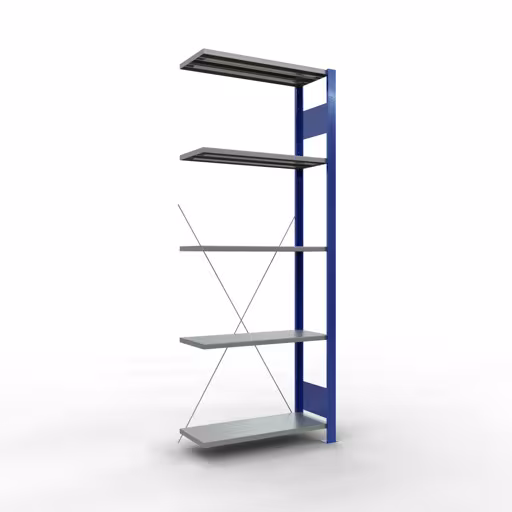 Anbauregal, Fachbodenregal Stecksystem MULTIplus150, 2000 x 750 x 300 mm (HxBxT), 5 Fachböden, Kreuzstrebe, RAL 5010 enzianblau/verzinkt/verzinkt aus der Kategorie Anbauregal mit der Artikelnummer 12735-75-B