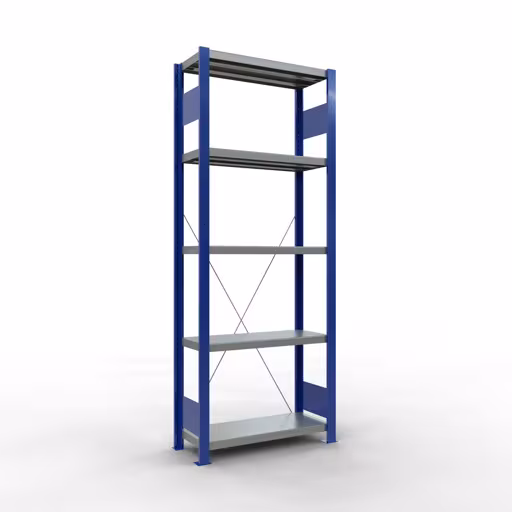 Grundregal, Fachbodenregal Stecksystem MULTIplus250, 2000 x 750 x 300 mm (HxBxT), 5 Fachböden, Kreuzstrebe, RAL 5010 enzianblau/verzinkt/verzinkt aus der Kategorie Grundregal mit der Artikelnummer 12930-75-B