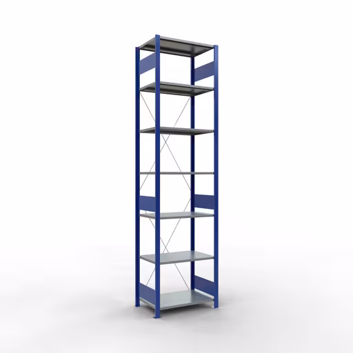 Grundregal, Fachbodenregal Stecksystem MULTIplus150, 3000 x 750 x 500 mm (HxBxT), 7 Fachböden, Kreuzstrebe, RAL 5010 enzianblau/verzinkt/verzinkt aus der Kategorie Grundregal mit der Artikelnummer 12752-75-B