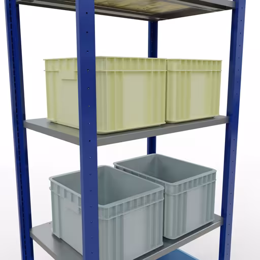 Zusatzbild des Artikels Grundregal, Fachbodenregal Stecksystem MULTIplus150, 2000 x 750 x 500 mm (HxBxT), 5 Fachböden, Längenriegel, RAL 5010 enzianblau/verzinkt/verzinkt aus Grundregal