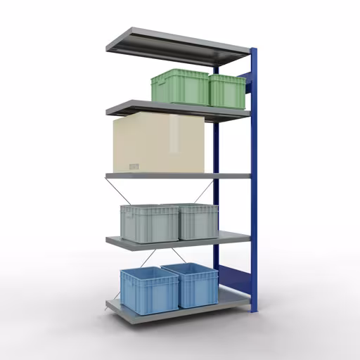 Produktbild Nr.13 des Artikels Anbauregal, Fachbodenregal Stecksystem MULTIplus250, 2000 x 1000 x 500 mm (HxBxT), 5 Fachböden, Kreuzstrebe, RAL 5010 enzianblau/verzinkt aus der Produktreihe Stecksystem von der Marke Schulte Lagertechnik
