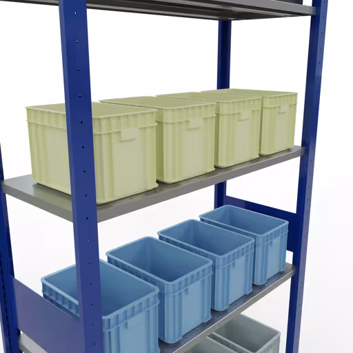Abbildung Nr 15 des Artikels Grundregal, Fachbodenregal Stecksystem MULTIplus85, 3000 x 1000 x 400 mm (HxBxT), 7 Fachböden, Längenriegel, RAL 5010 enzianblau aus der Produktgruppe Stecksystem von der Marke Schulte Lagertechnik