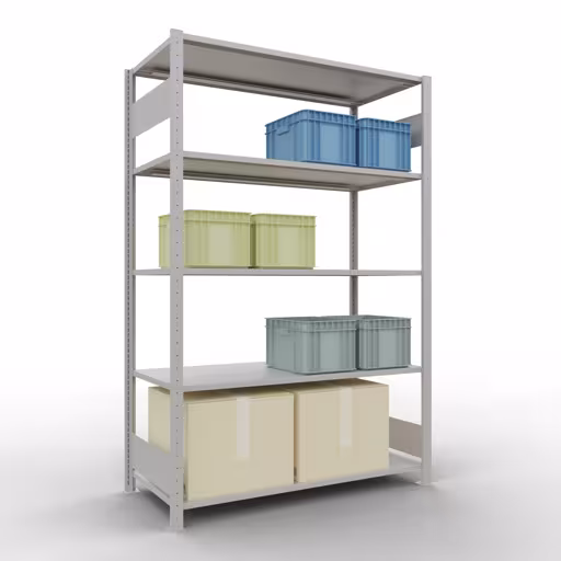Grundregal, Fachbodenregal Stecksystem MULTIplus150, 2000 x 1300 x 600 mm (HxBxT), 5 Fachböden, Längenriegel, RAL 7035 lichtgrau von Schulte Lagertechnik aus der Kategorie Stecksystem