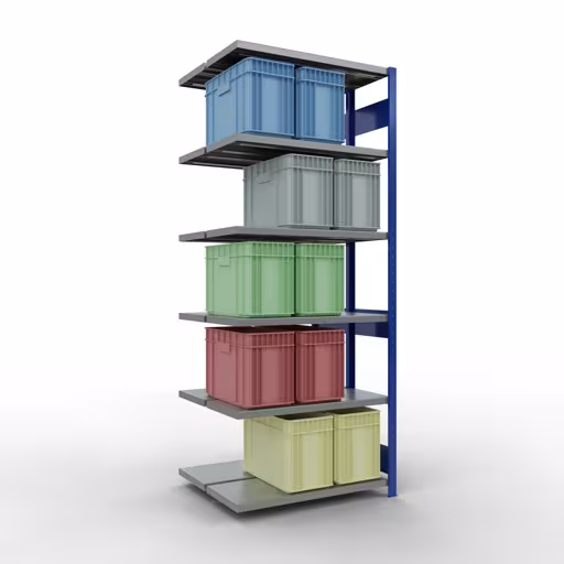 Zusatzbild des Artikels Anbauregal, Doppelregal, Fachbodenregal Stecksystem MULTIplus250, 2500 x 1000 x (2x400) mm (HxBxT), 2x6 Fachböden, Längenriegel, RAL 5010 enzianblau aus Doppelregale