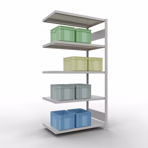 Abbildung Nr 15 des Artikels Anbauregal, Fachbodenregal Stecksystem MULTIplus250, 2000 x 1000 x 600 mm (HxBxT), 5 Fachböden, Längenriegel, RAL 7035 lichtgrau aus der Produktgruppe Stecksystem von der Marke Schulte Lagertechnik