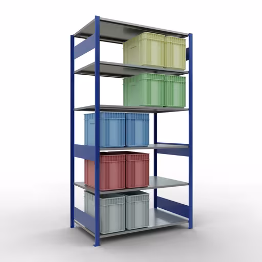 Andere Ansicht des Artikels Grundregal, Fachbodenregal Stecksystem MULTIplus150, 2500 x 1300 x 800 mm (HxBxT), 6 Fachböden, Längenriegel, RAL 5010 enzianblau/verzinkt aus der Kategorie Grundregal