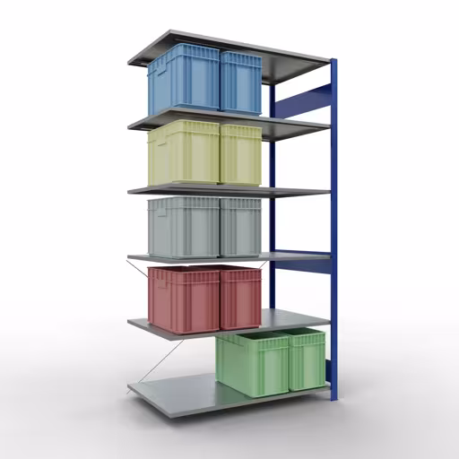 Produktbild Nr.11 des Artikels Anbauregal, Fachbodenregal Stecksystem MULTIplus150, 2500 x 1300 x 800 mm (HxBxT), 6 Fachböden, Kreuzstrebe, RAL 5010 enzianblau/verzinkt aus der Produktreihe Stecksystem von der Marke Schulte Lagertechnik