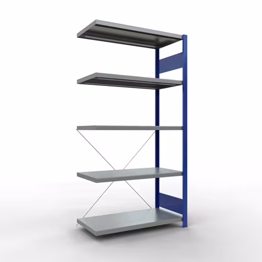 Anbauregal, Fachbodenregal Stecksystem MULTIplus330, 2000 x 1000 x 500 mm (HxBxT), 5 Fachböden, Kreuzstrebe, RAL 5010 enzianblau/verzinkt aus der Kategorie Anbauregal mit der Artikelnummer 13955-B